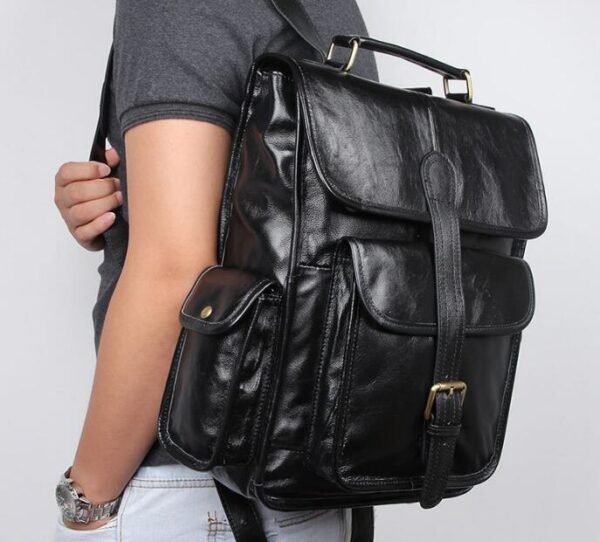 Mens Black Leather Laptop Backpack Bag