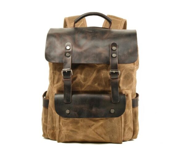 Waxed Canvas & Leather Backpack Green Brown Grey - Image 2