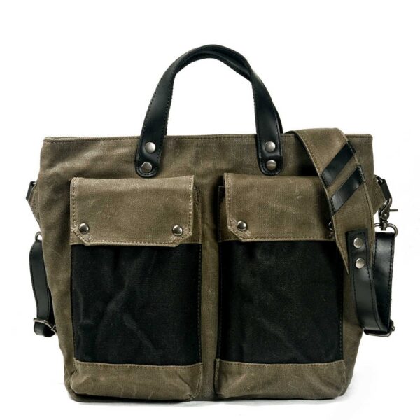 Canvas Leather Tote Bag Mens Green Brown - Image 3