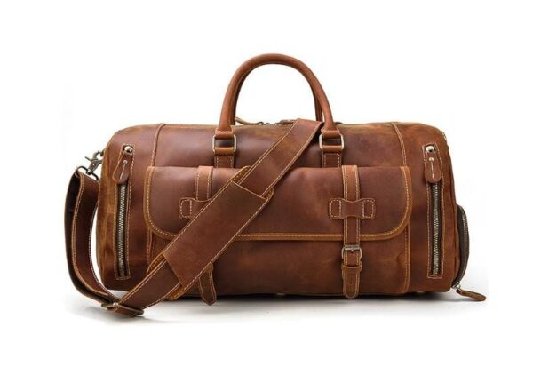 BROWN LEATHER WEEKENDER TRAVEL LUGGAGE BAG - Image 2