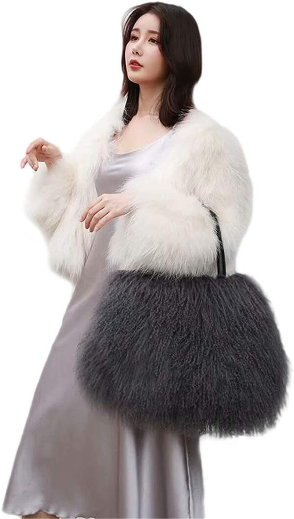 Women Real Sheep Fur Handbags Ladies Fluffy Fur Tote Bags Cowhide Handle - Image 4