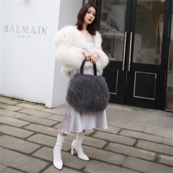 Women Real Sheep Fur Handbags Ladies Fluffy Fur Tote Bags Cowhide Handle - Image 3