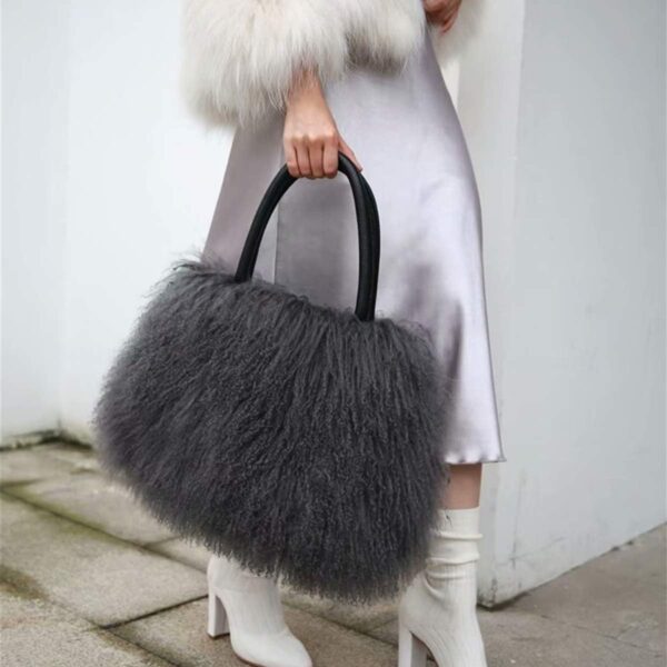 Women Real Sheep Fur Handbags Ladies Fluffy Fur Tote Bags Cowhide Handle - Image 2