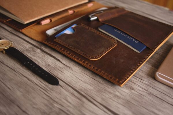 Handmade Brown Leather A5 Notebook Cover with Pen Holder - Image 3