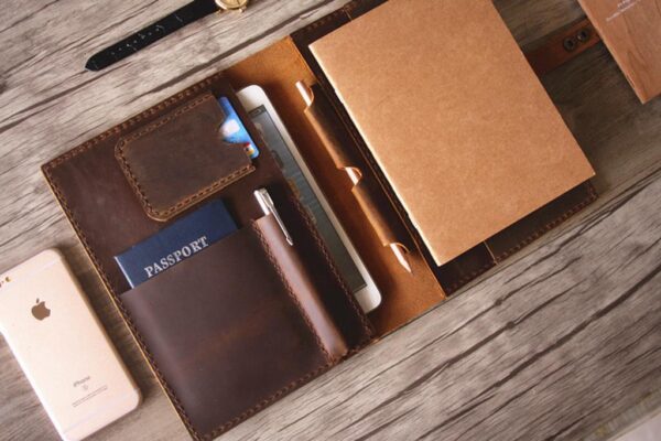 Handmade Brown Leather A5 Notebook Cover with Pen Holder - Image 4