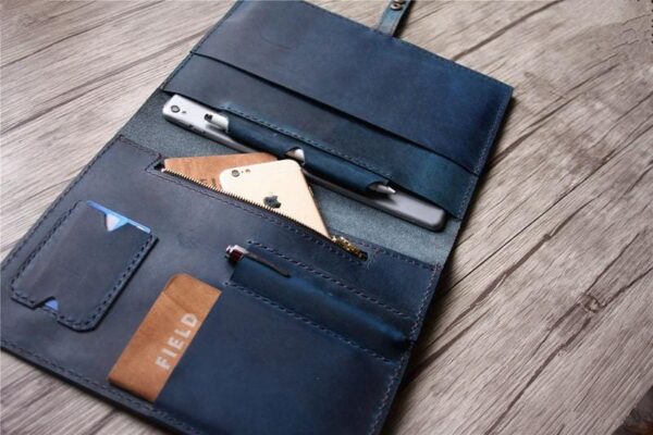 Blue Leather iPad Cover Case with Pencil Holder Personalized - Image 3