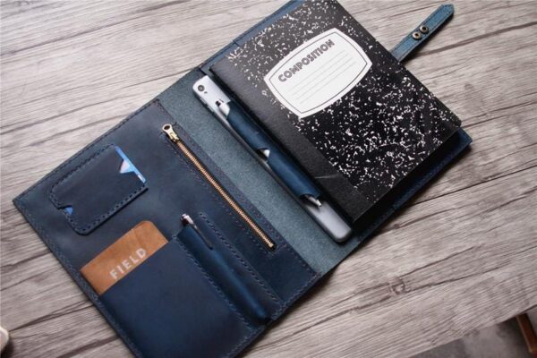 Zippered Leather Portfolio Distressed Blue