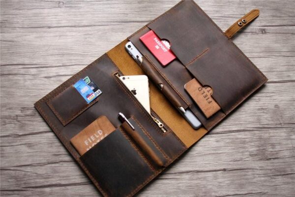 Embossed Brown Mens Leather Portfolio Folder