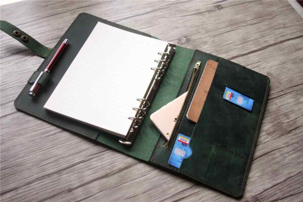 Custom Dark Green Leather Refillable Binder Journal - Image 3