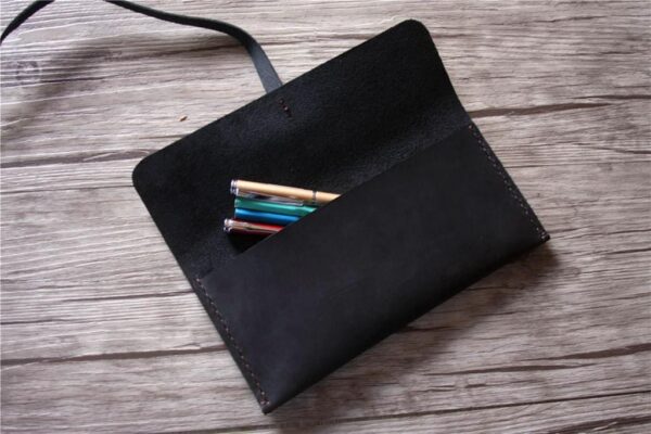 Black Leather Pencil Case Holder Tool Roll