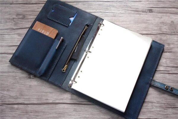 Personalized Leather Portfolio with Zipper Distressed Blue - Image 5