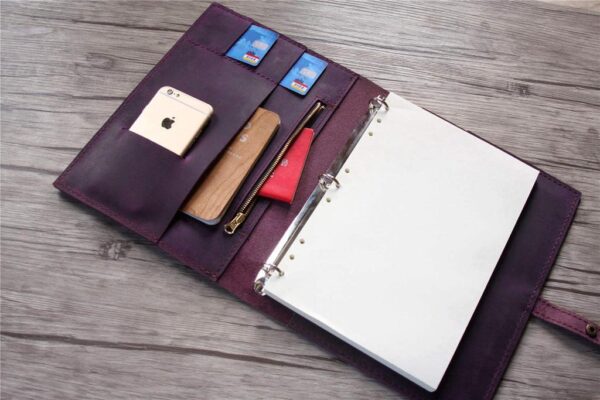 Rustic Purple Leather Zipper Binder Folder - Image 3