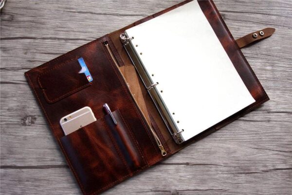 Engraved Luxury Coffee Leather Binders with Zipper Folder