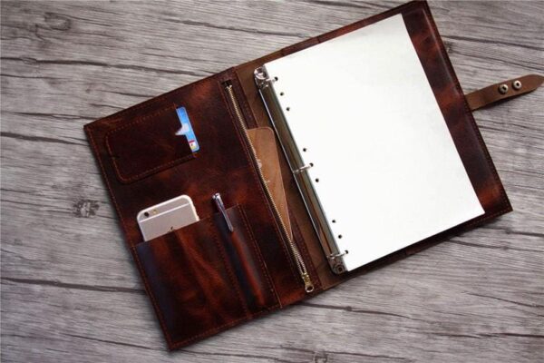 Engraved Luxury Coffee Leather Binders with Zipper Folder - Image 2