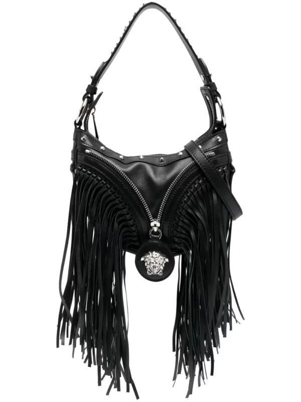 Repeat Mini Fringed Leather Shoulder Bag In Black