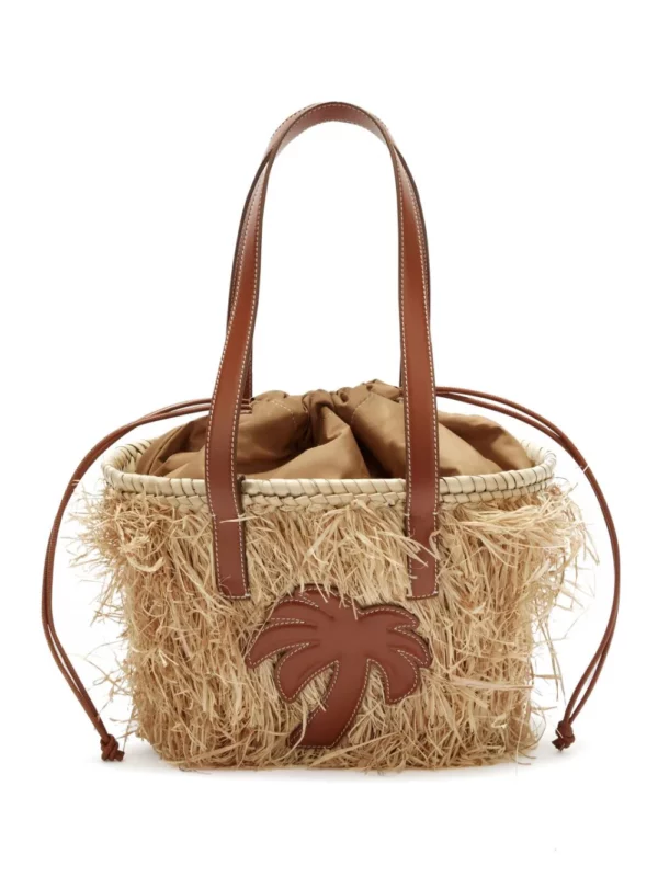 Drawstring Raffia Basket Bag In Beige